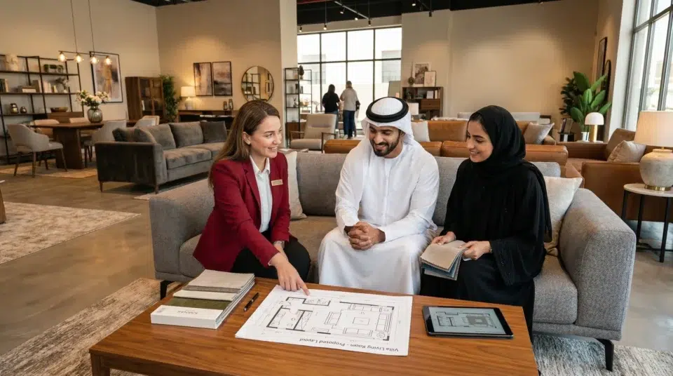 Karnak Home furniture consultant helping Dubai family with furniture sizing and room planning in showroom