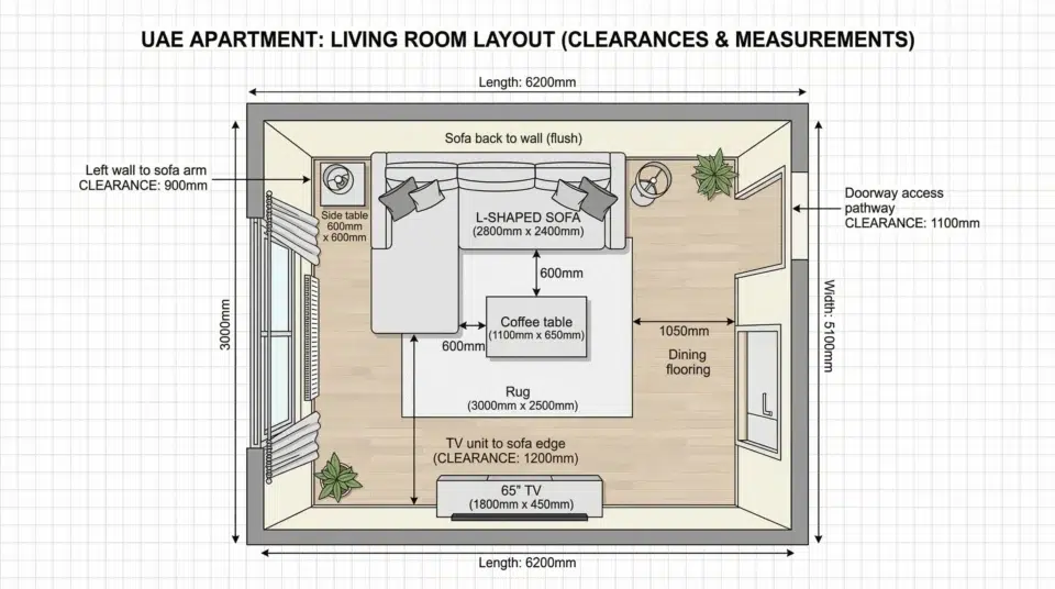 L-shaped sofa dimensions guide for UAE apartment living room layout