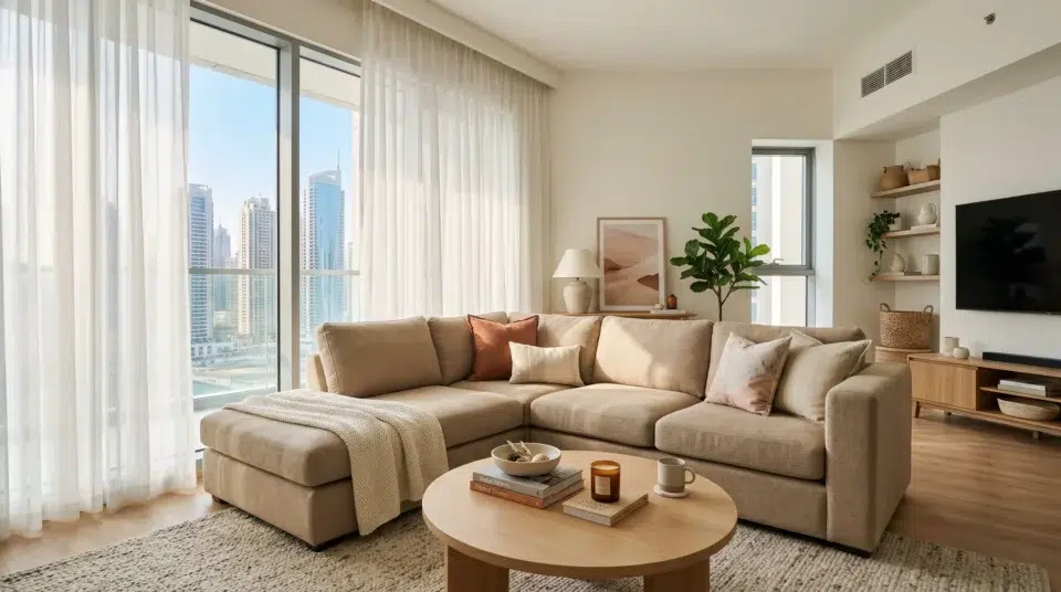 L-shaped sectional sofa in a Dubai apartment living room — Karnak Home