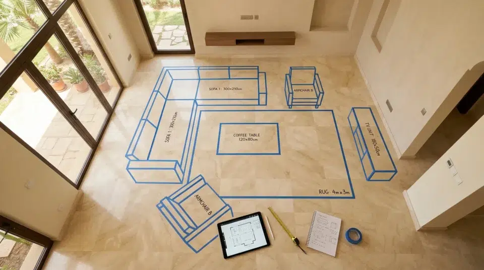 Using masking tape to plan furniture placement in UAE home before buying — expert tip from Karnak Home