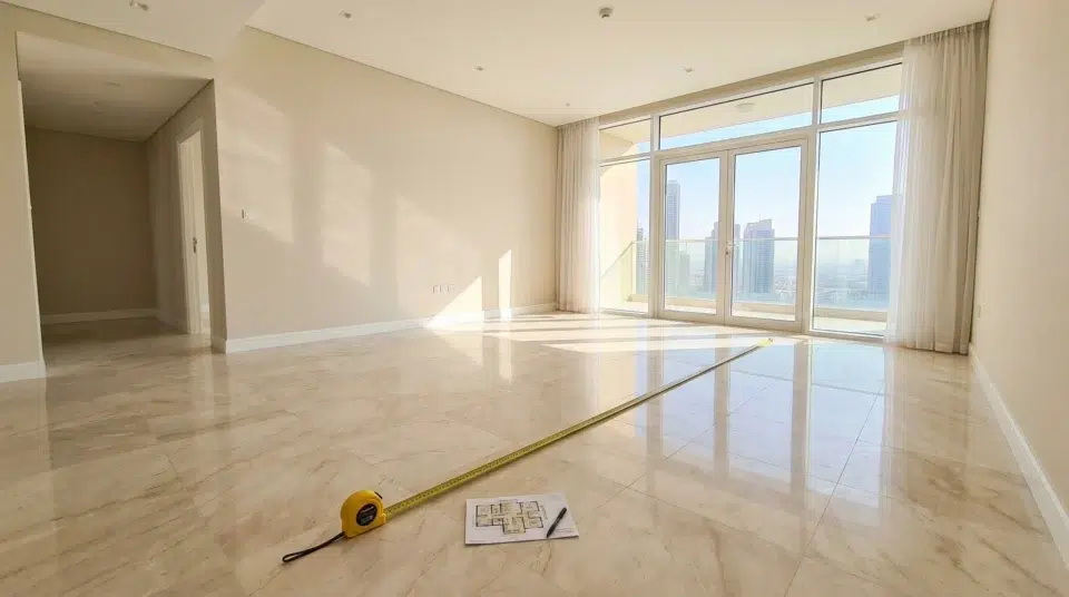 How to measure room for furniture UAE — couple measuring empty living room in Dubai apartment
