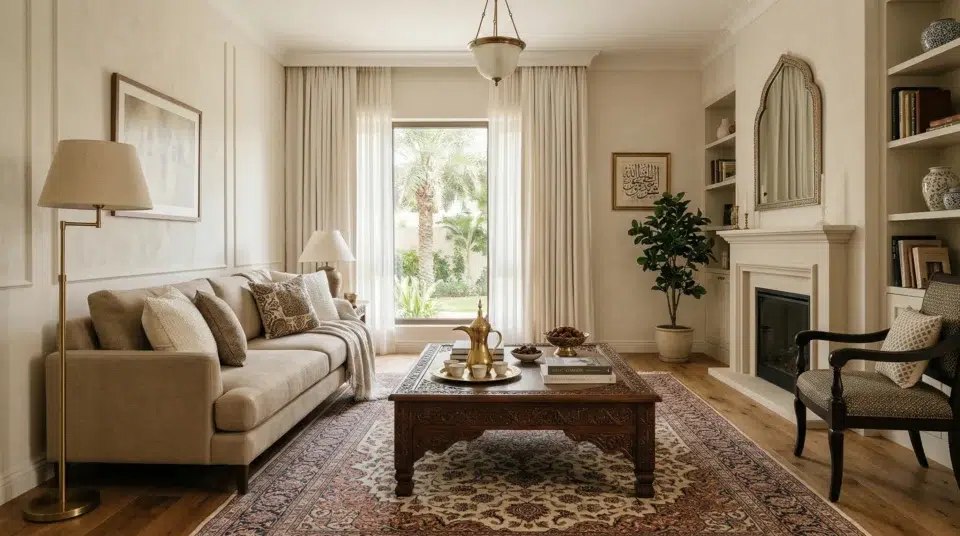 Transitional interior mixing contemporary and classic furniture in a UAE home
