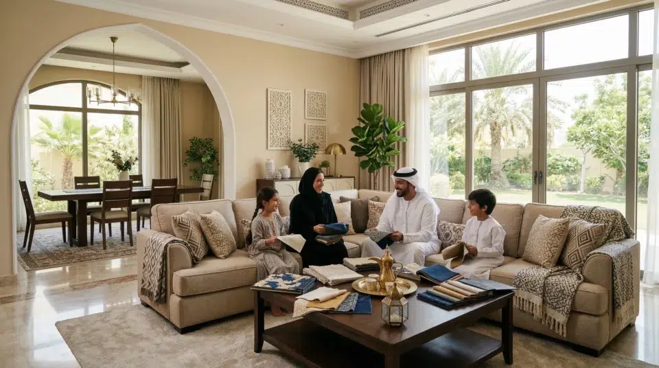 Quality furniture Dubai checklist guide — family in UAE villa living room inspecting sofa fabric