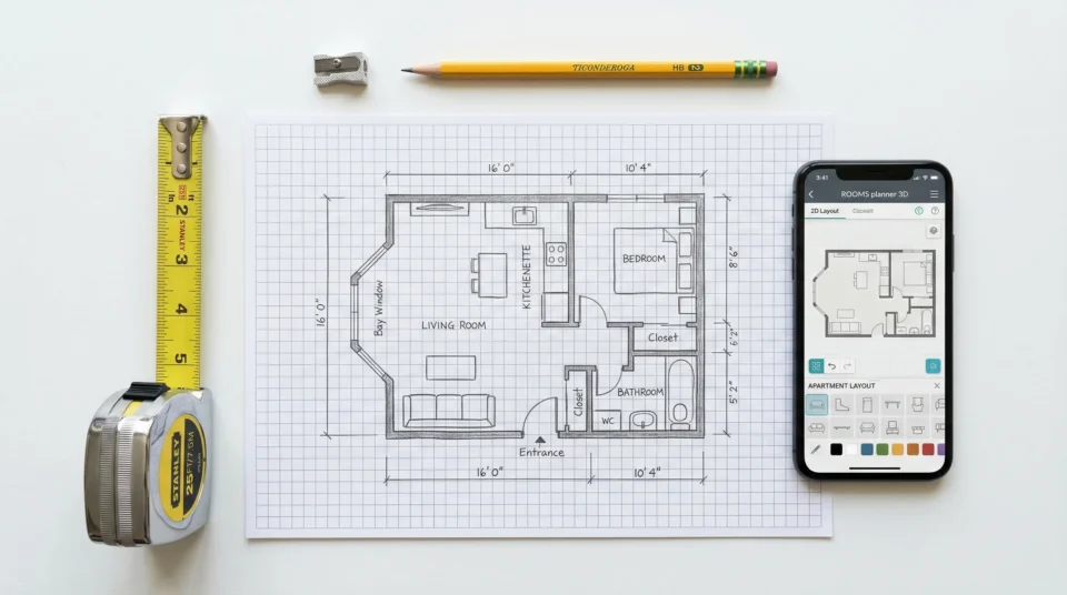 Tools for measuring a room for furniture UAE — measuring tape, floor plan sketch, and room planning app