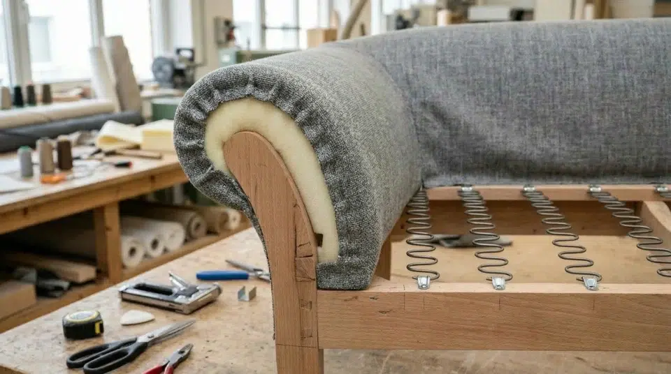 Sofa frame construction quality checklist UAE — corner block, hardwood frame, and foam density inspection