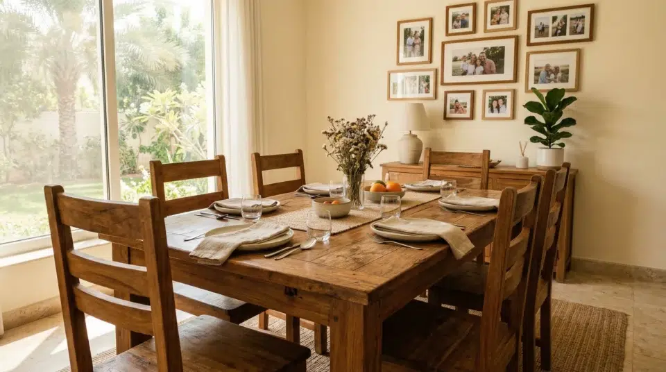 Solid teak dining table in a Dubai family dining room showing natural wood grain and durability