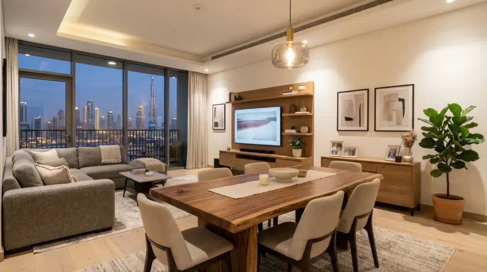 Solid wood dining table and engineered wood TV unit in modern Dubai apartment