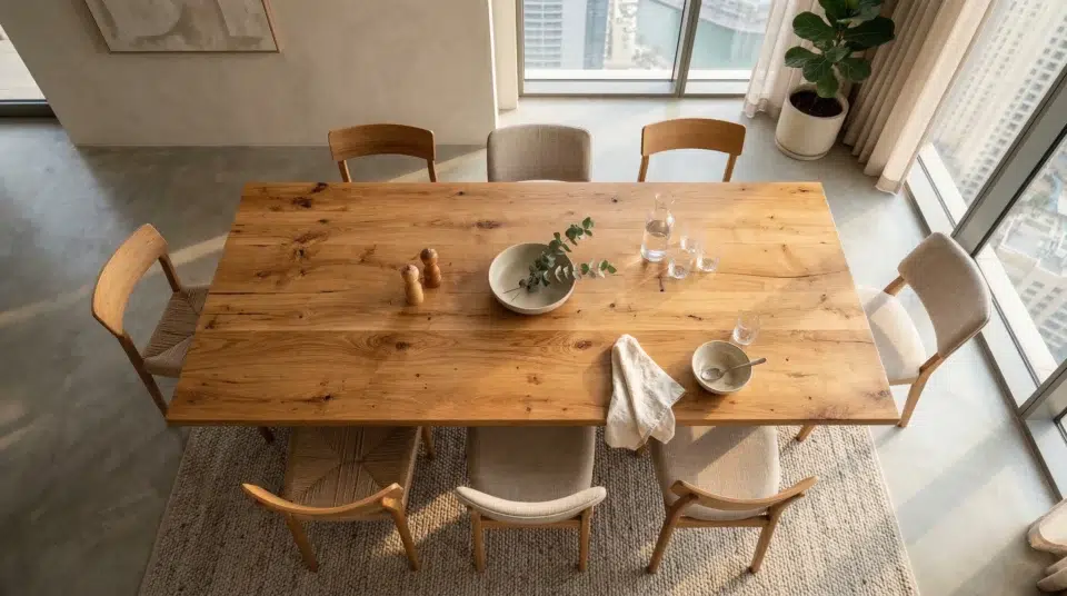 Solid wood dining table quality assessment Dubai home — grain inspection and joinery check