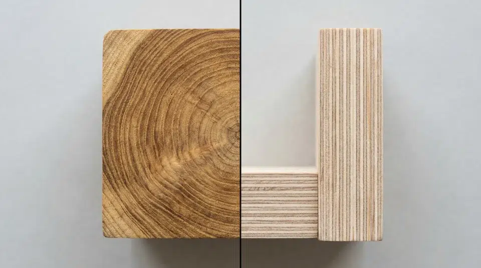 Cross-section comparison of solid teak wood grain versus engineered plywood layers