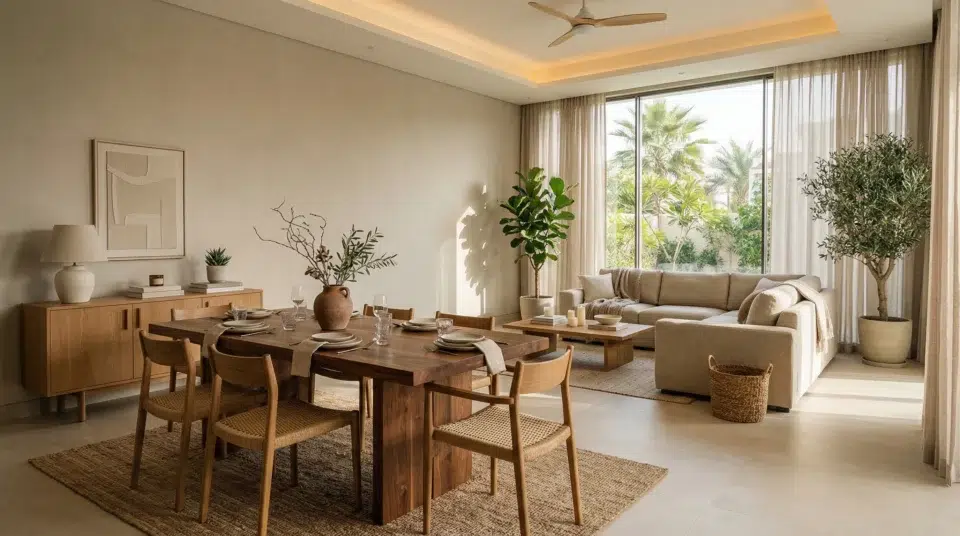 Solid wood vs engineered wood furniture comparison in a Dubai villa living room