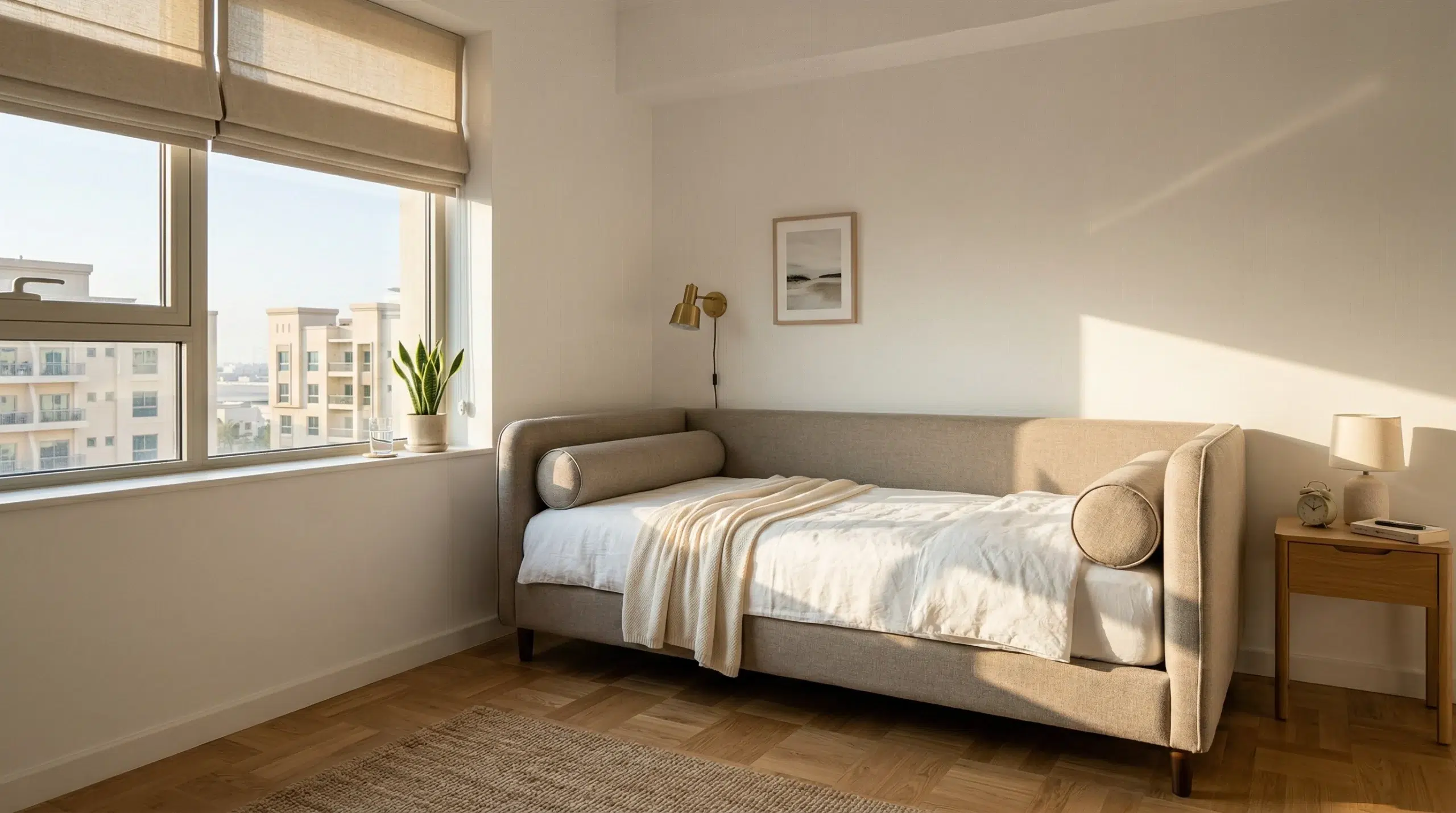 Upholstered daybed in compact Dubai apartment bedroom with bolster cushions