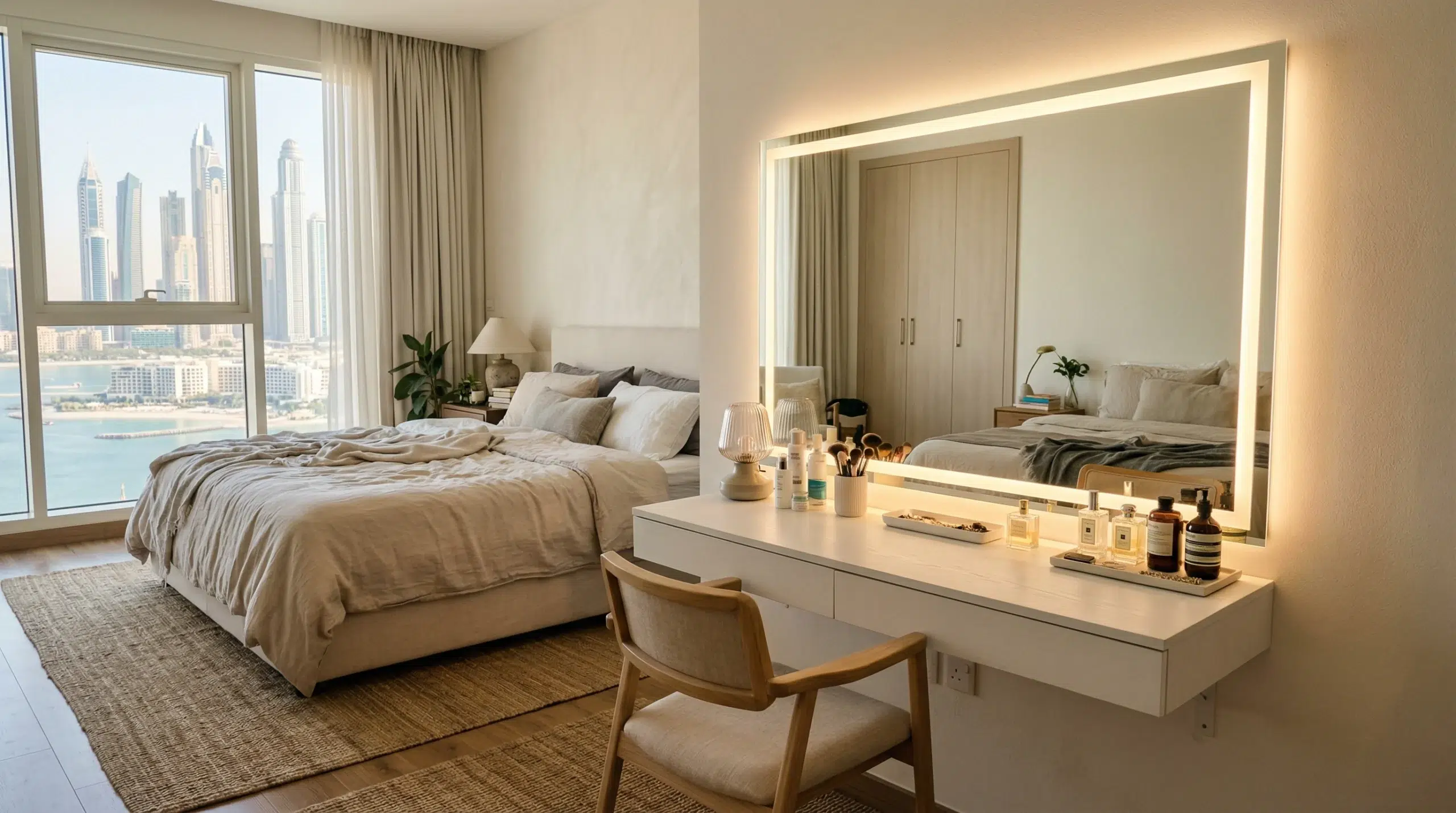 Dressing tables Dubai — woman at wall-mounted vanity with LED mirror in modern apartment bedroom