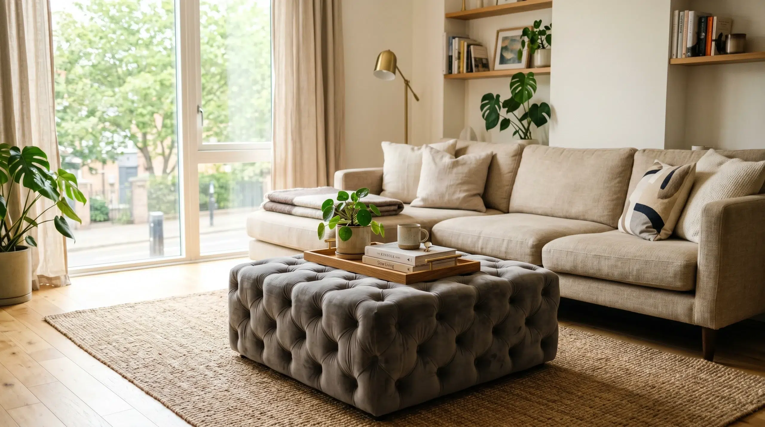 Ottomans Dubai — grey velvet storage ottoman as coffee table in UAE apartment living room