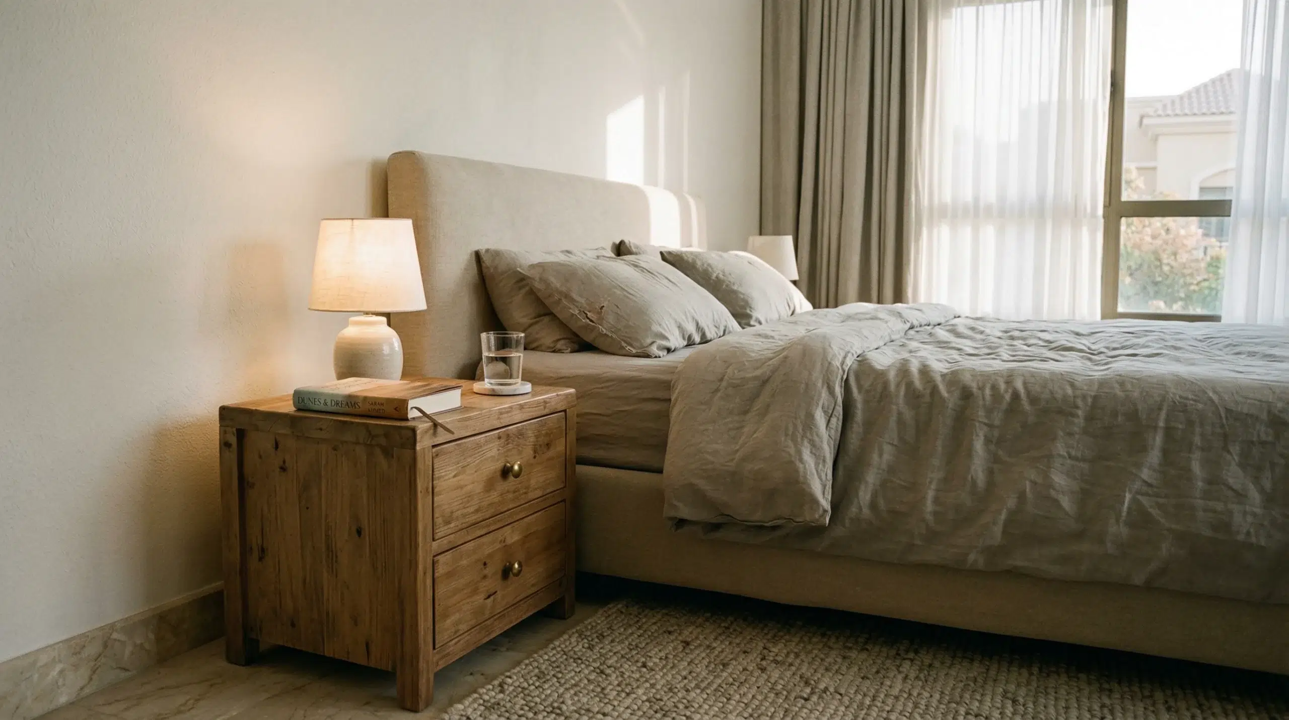 Nightstands Dubai wooden bedside table beside upholstered bed in UAE villa bedroom