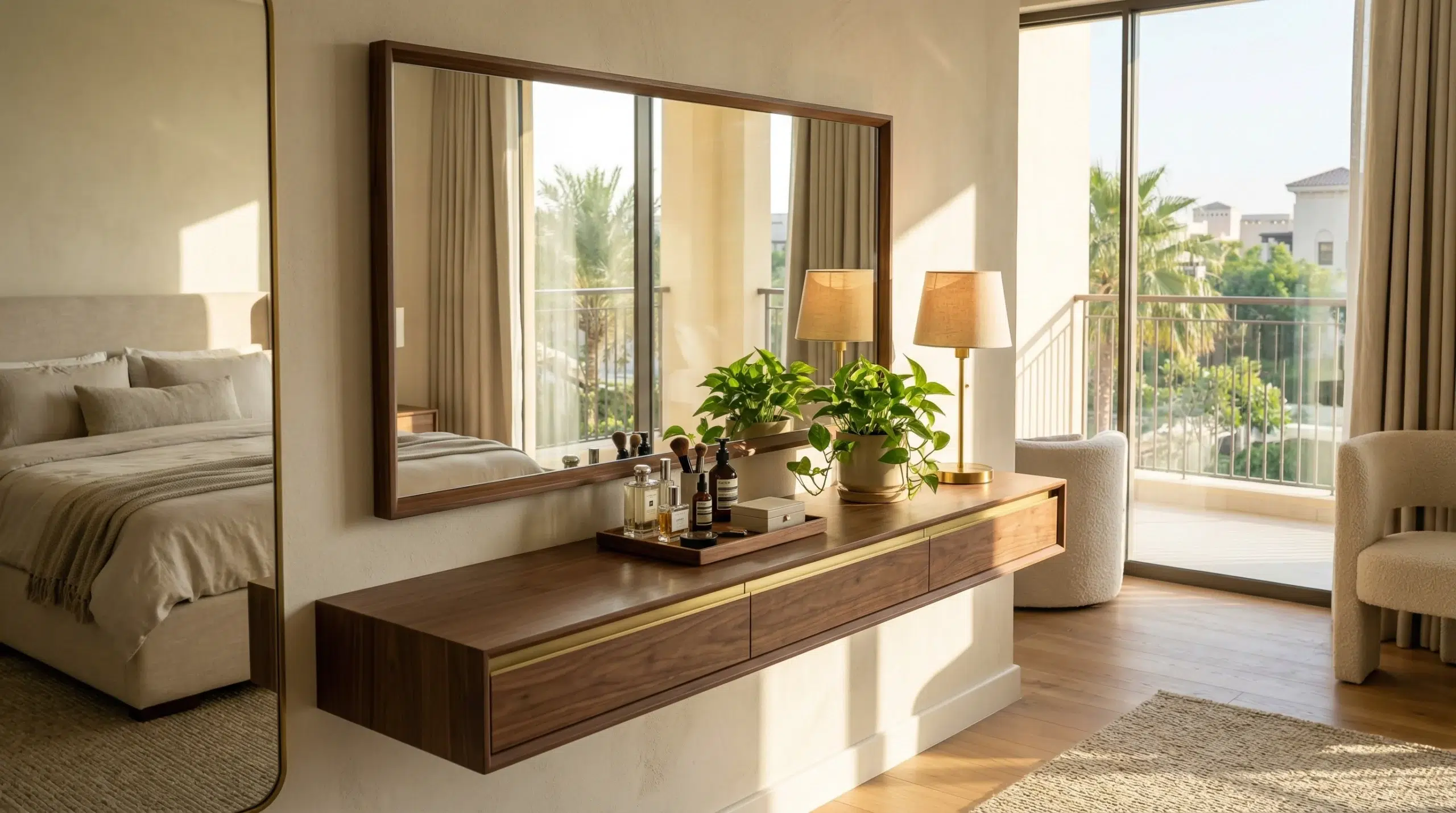 Floating console vanity makeup table with mirror in modern Dubai bedroom — Karnak Home