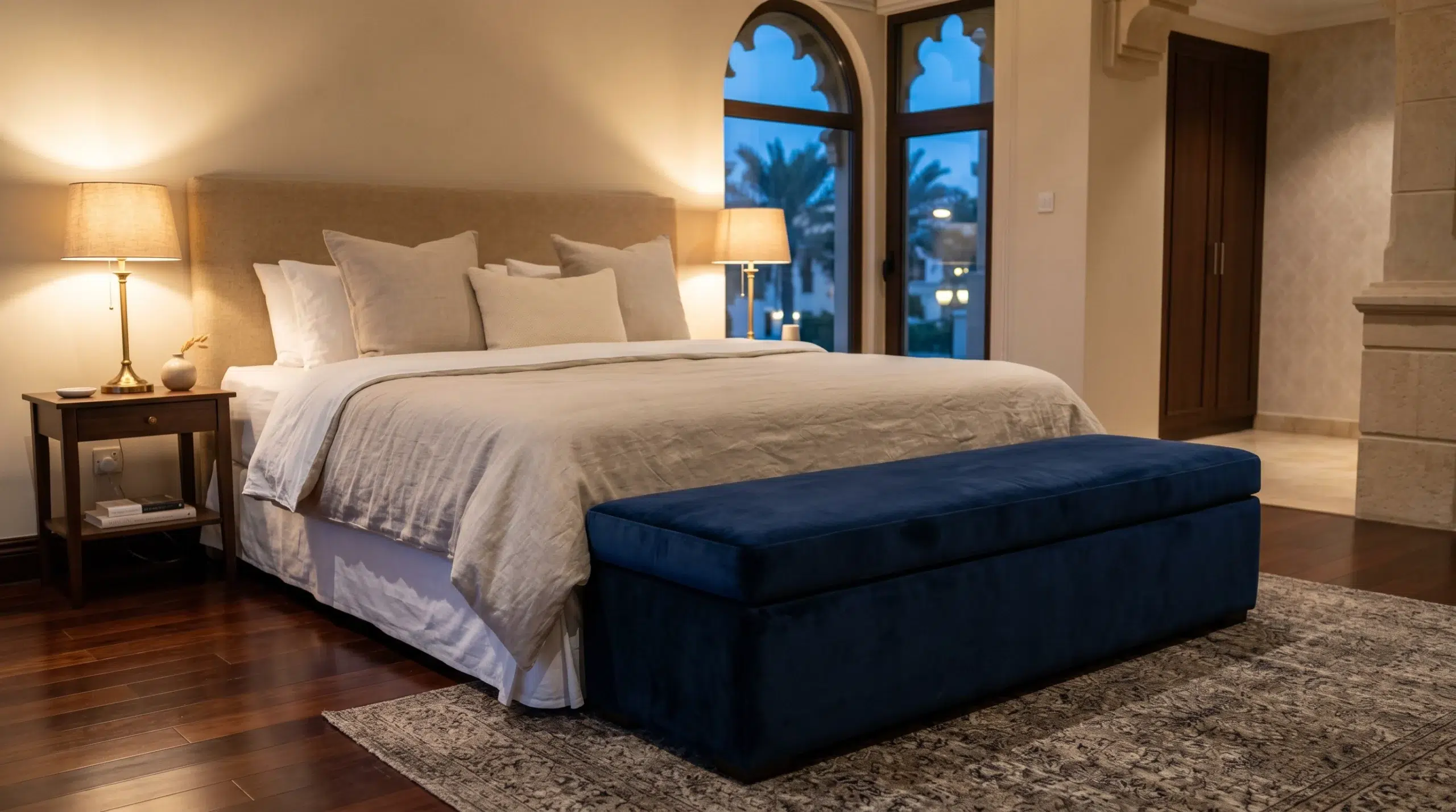 Velvet ottoman bench Dubai — Kelemen long velvet ottoman at bed foot, UAE master bedroom