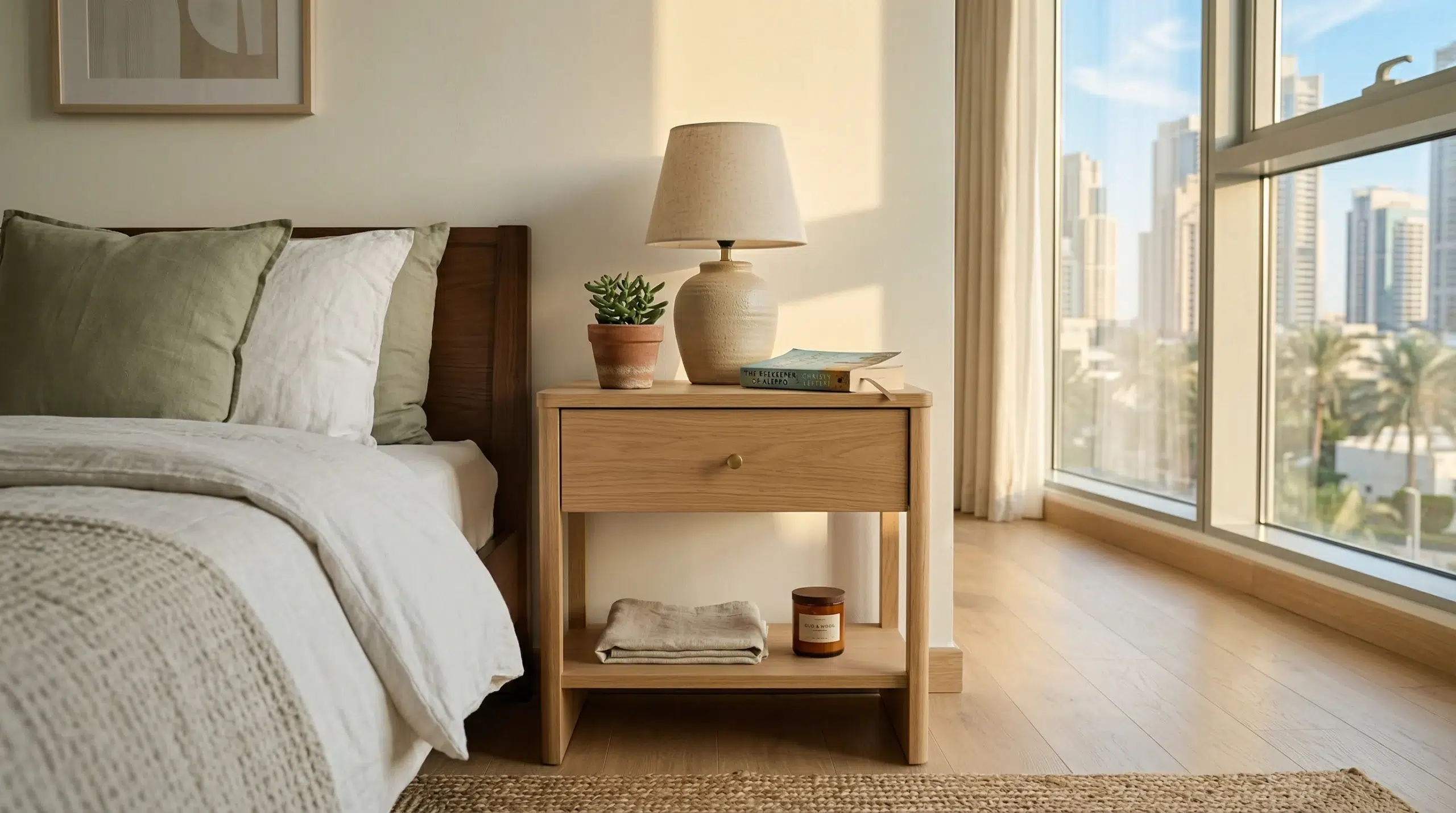 Single drawer nightstand with open shelf bedside table Dubai apartment bedroom Karnak Home