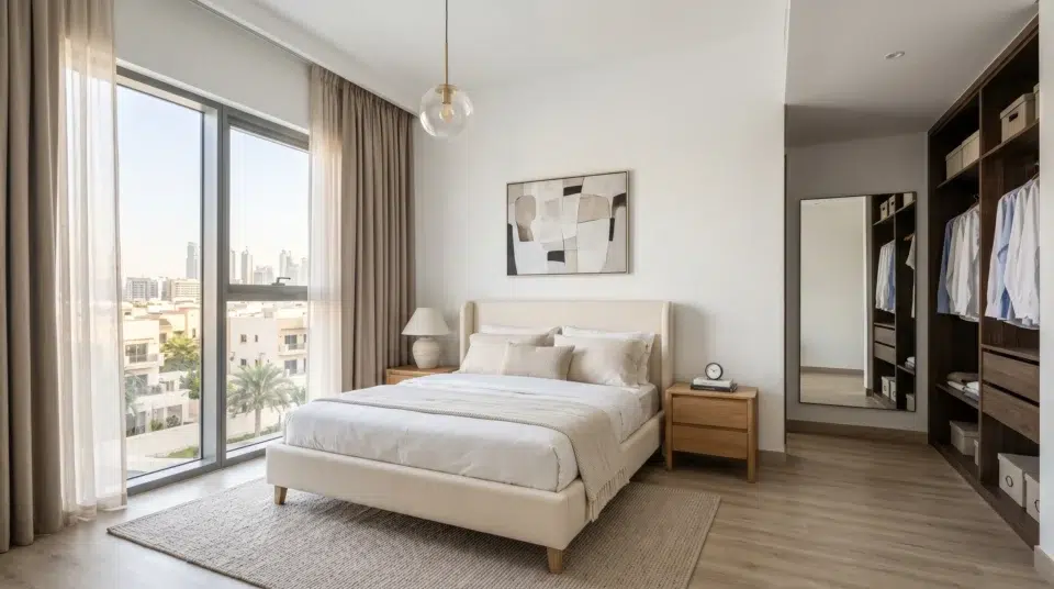 : Refurnishing vs renovation Dubai 2026, completely transformed JVC apartment bedroom with Karnak Home furniture on original developer finishes