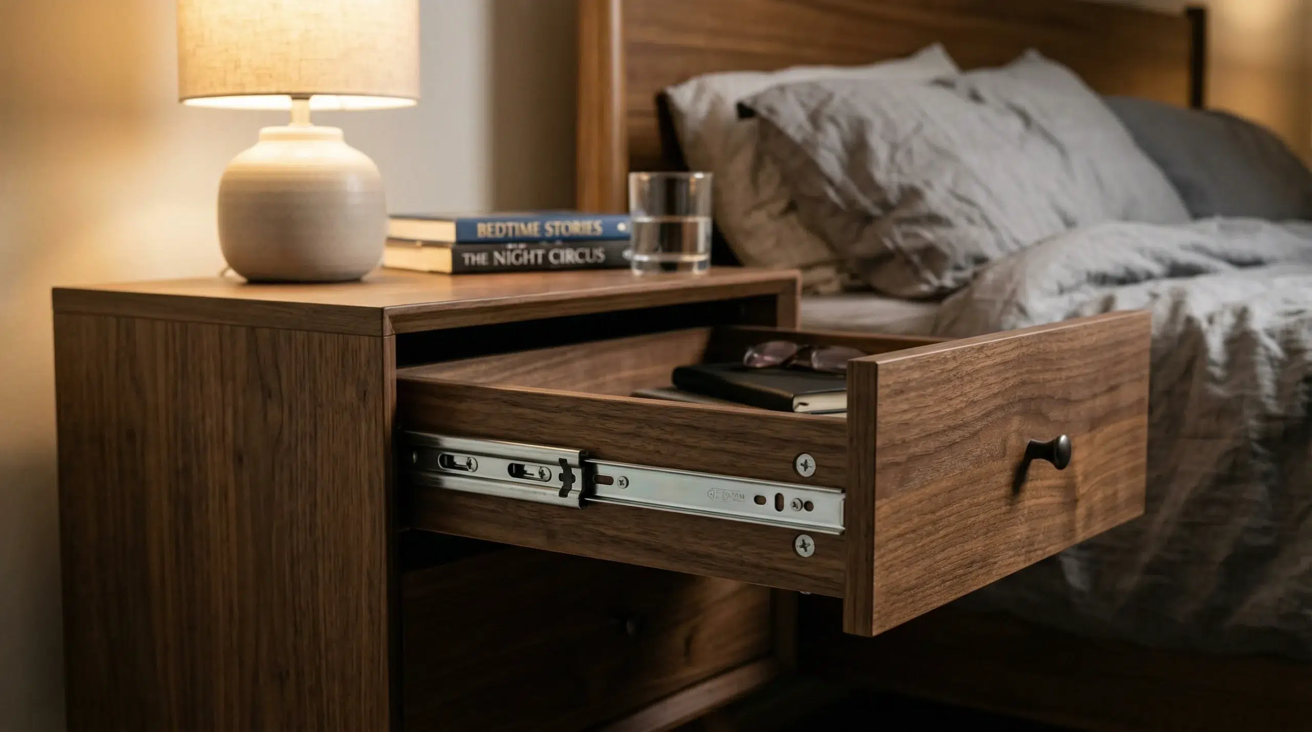 Quality nightstand with drawers full extension drawer runner construction detail UAE Karnak Home