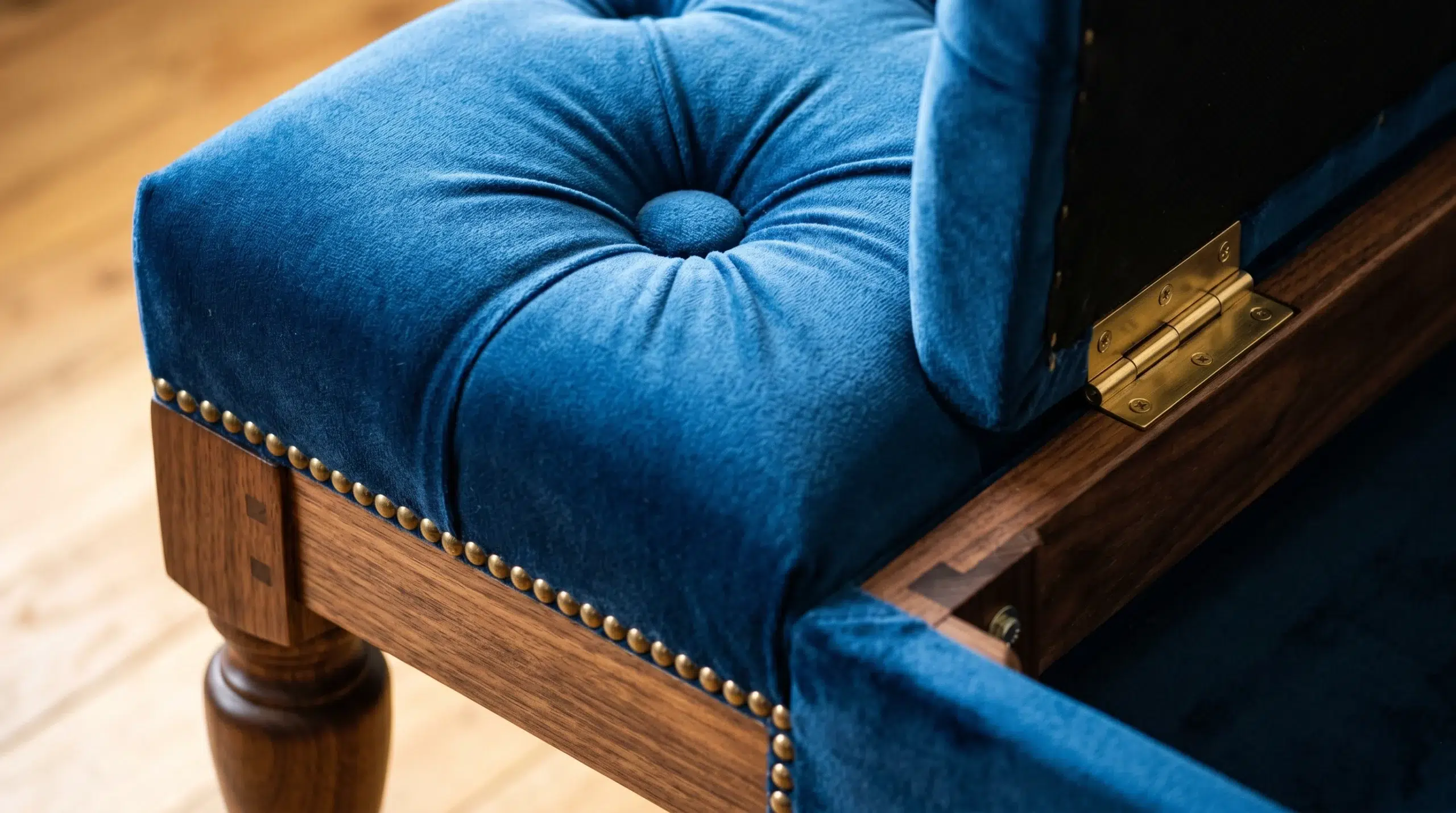Quality ottoman construction detail, UAE tufted velvet storage ottoman hinge and frame, Karnak Home Dubai