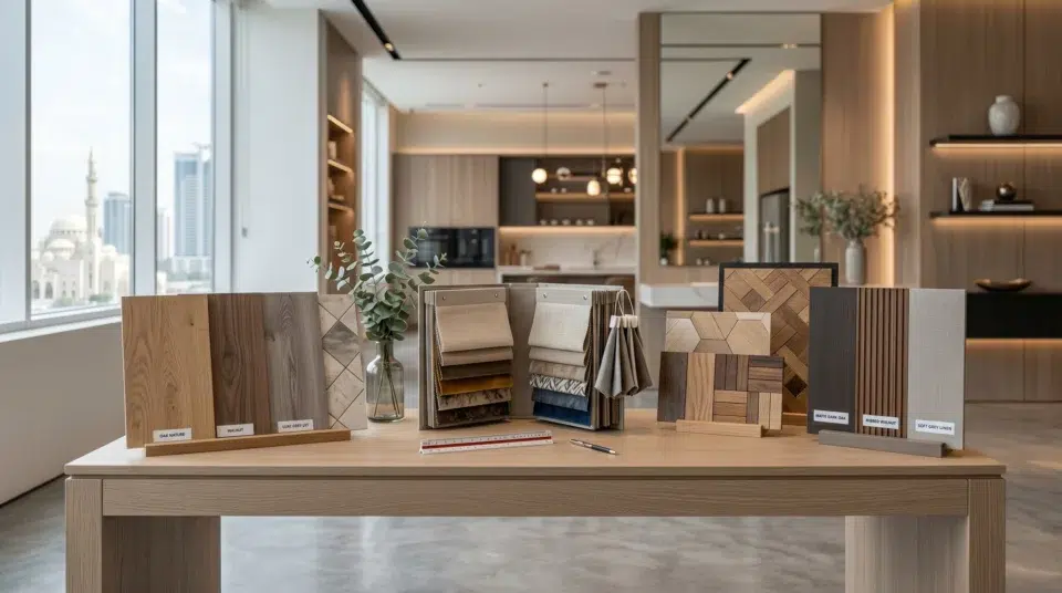 Choosing a renovation company in Dubai 2026, a UAE homeowner reviewing Karnak Home flooring and fabric samples in the Sharjah showroom