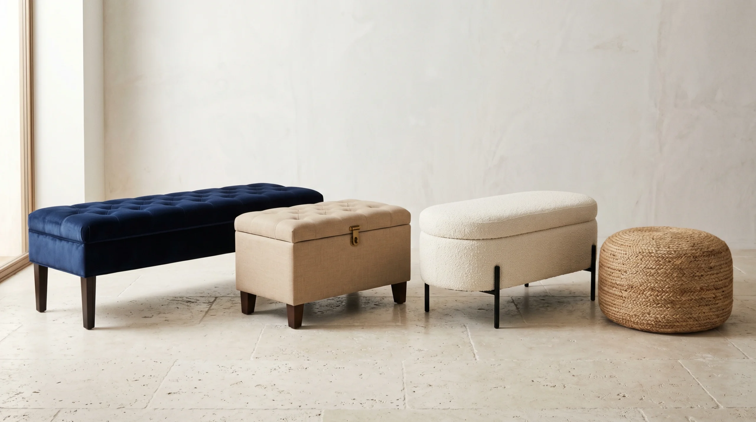 Ottomans and poufs Dubai collections, velvet storage ottoman, bench, oval and pouf, Karnak Home UAE