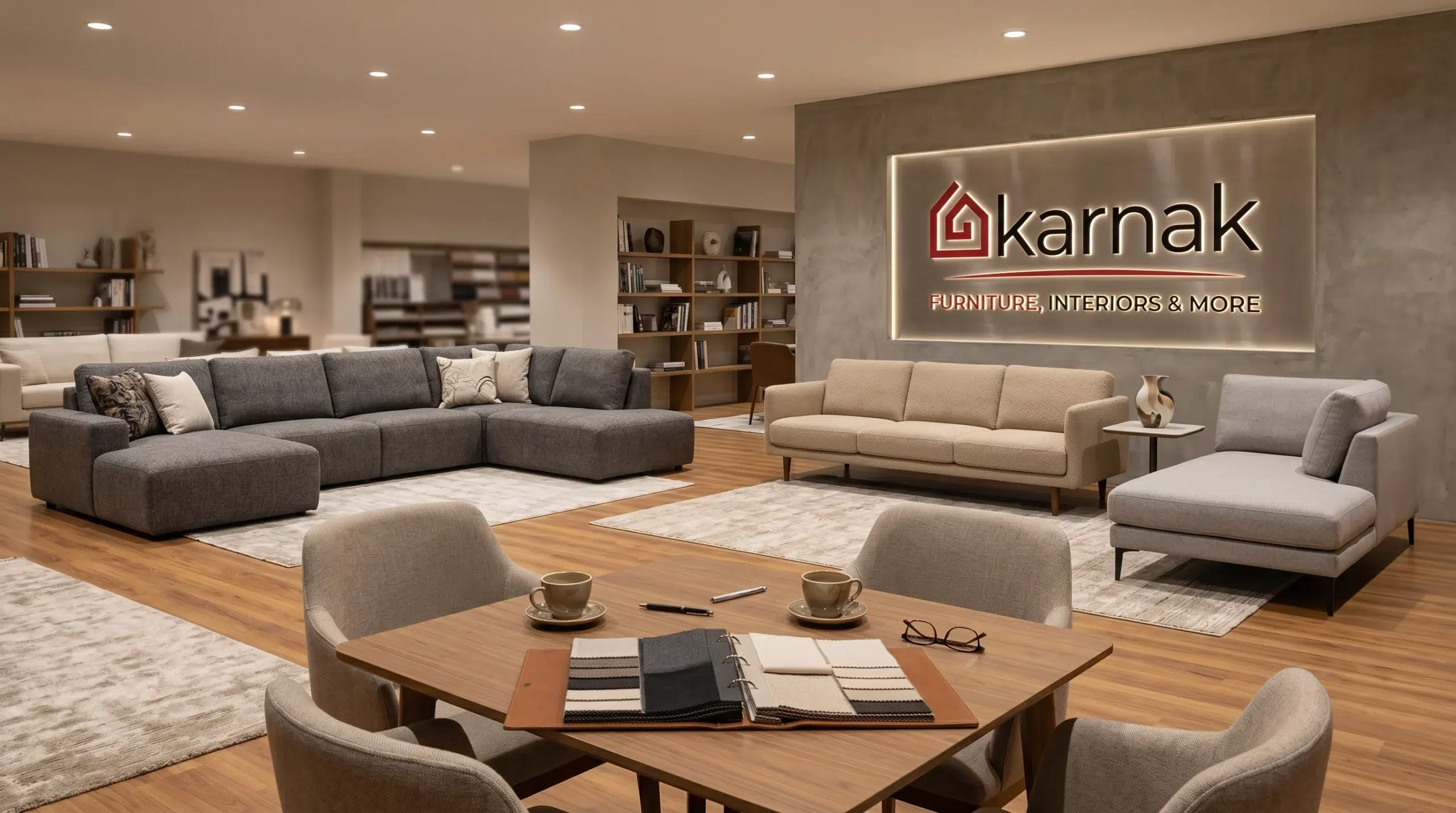 Karnak Home furniture showroom Arjan Dubai — Karnak furniture deals on display, consultant with family