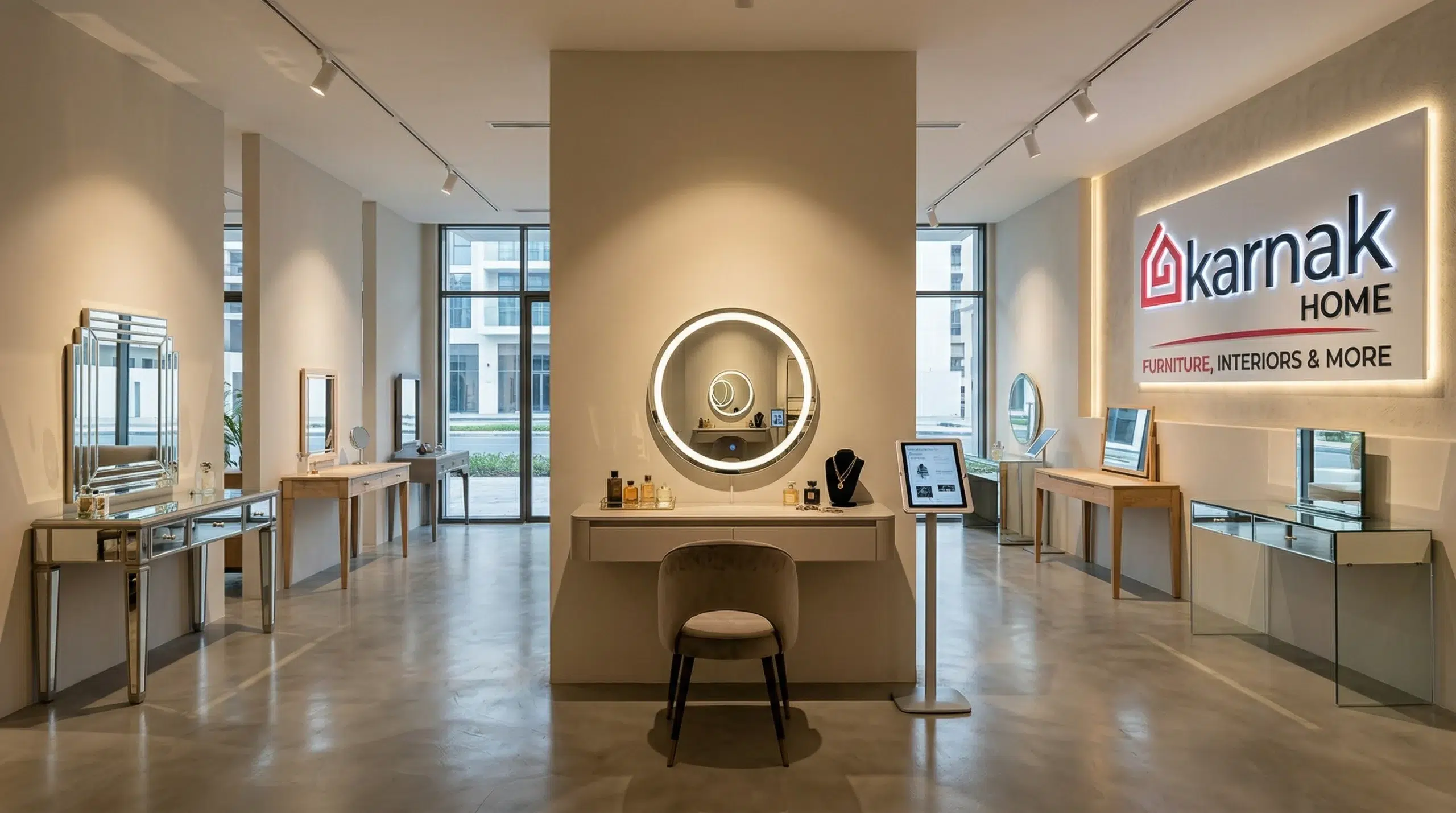 Karnak Home furniture showroom Arjan Dubai dressing tables on display consultant