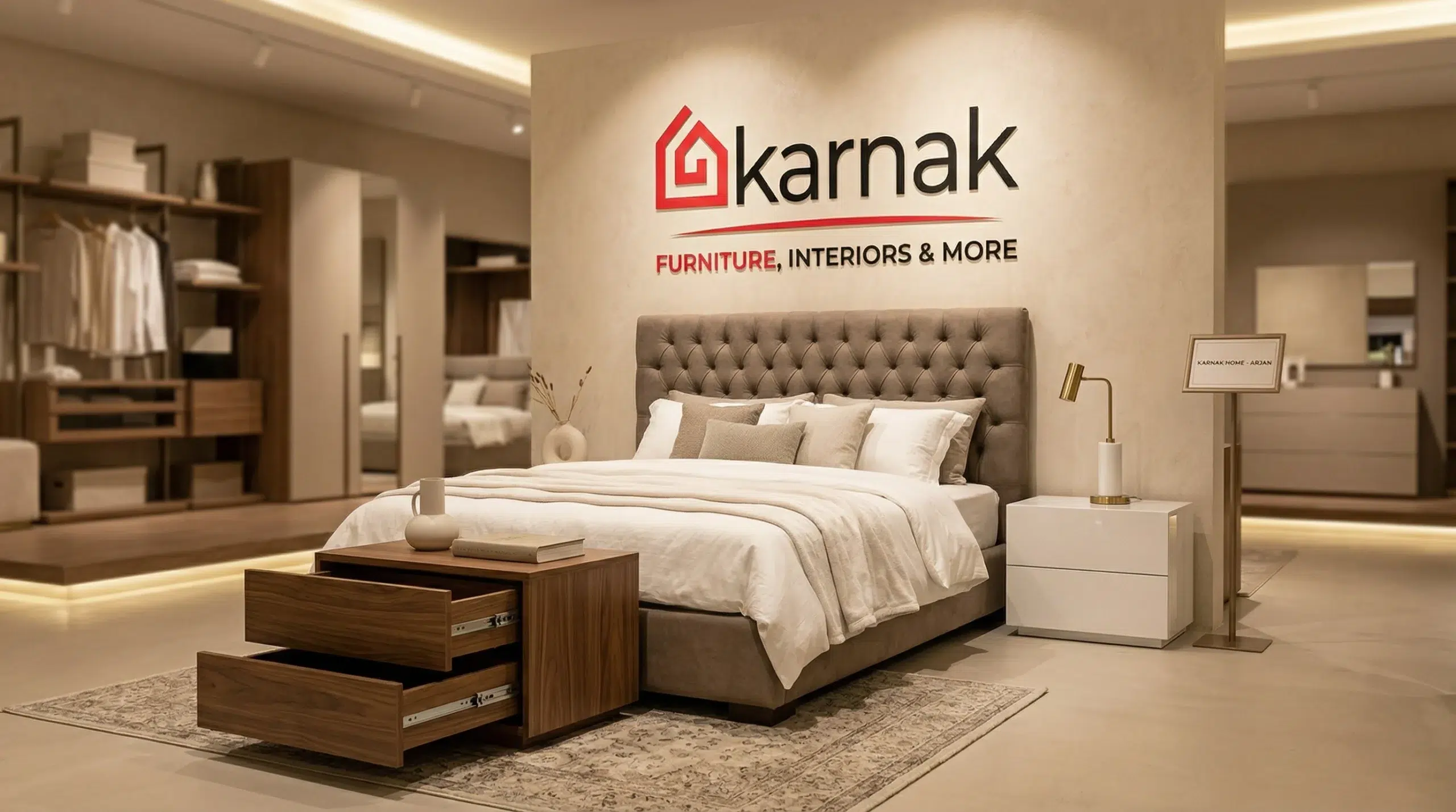 Karnak Home furniture showroom Arjan Dubai nightstands on display consultant