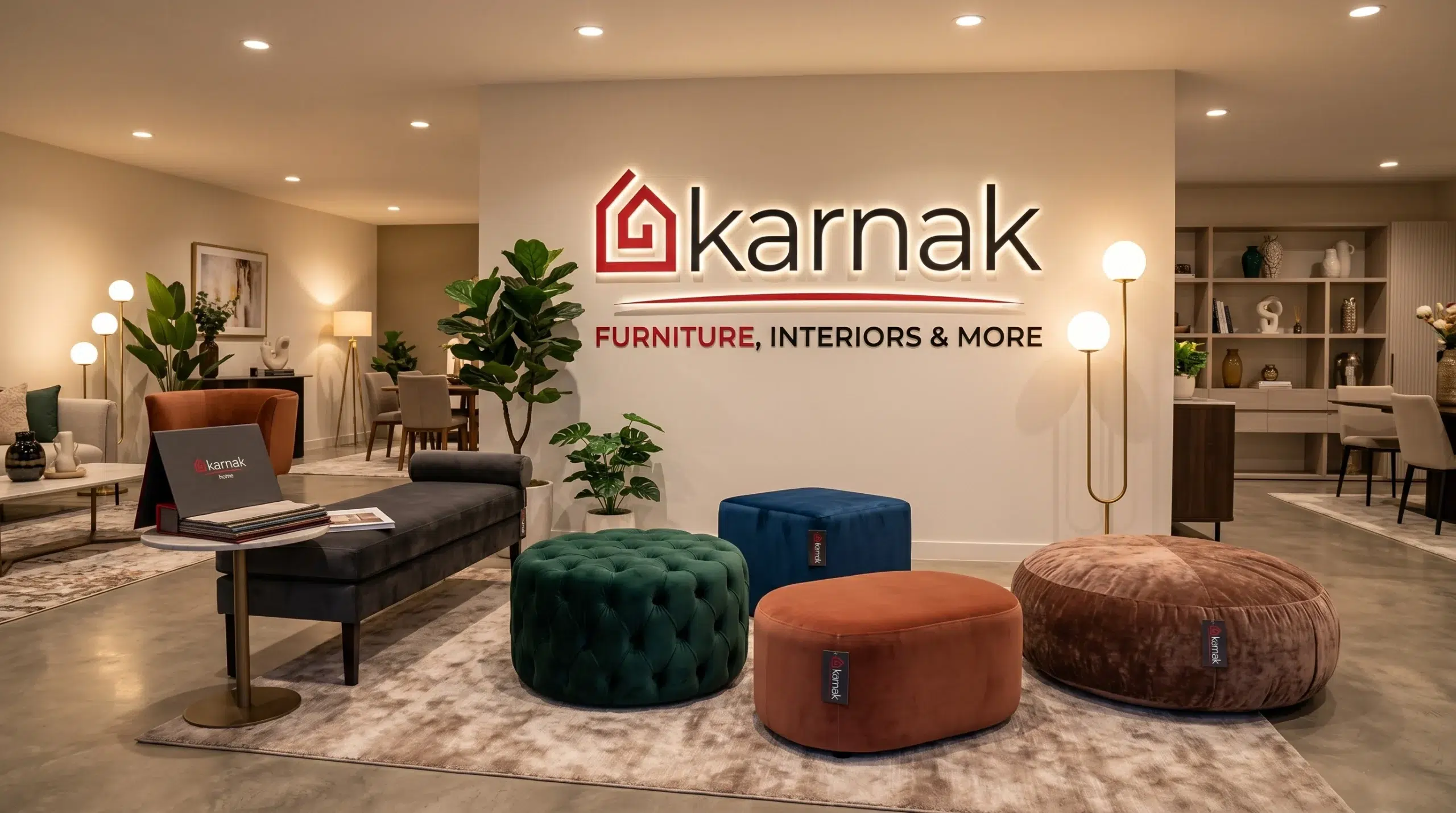 Karnak Home furniture showroom, Arjan Dubai, ottomans and poufs on display, consultant with customer