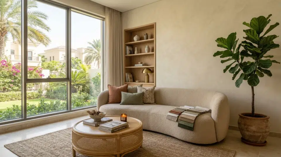 Sofa upholstery trends UAE 2026 featuring boucle fabric sofa in Arabian Ranches villa, Karnak Home