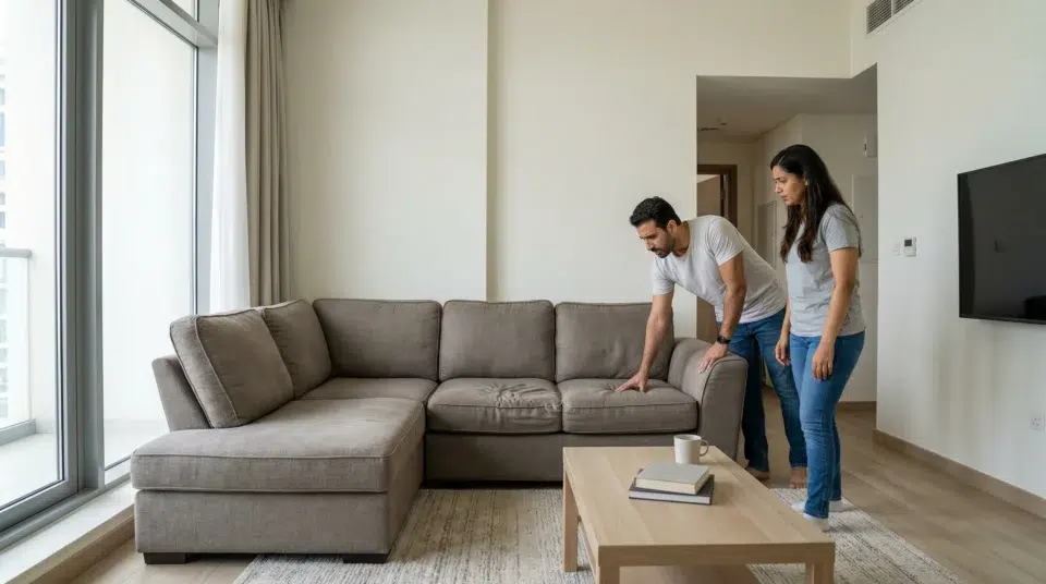 UAE couple assessing whether their corner sofa needs repair or replacement in a JVC Dubai apartment Karnak Home 2026