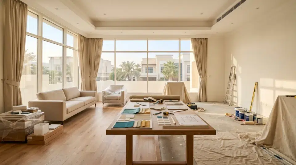 Renovation services Dubai 2026, UAE family planning a full villa makeover with Karnak Home consultant in a sunlit Dubai living room