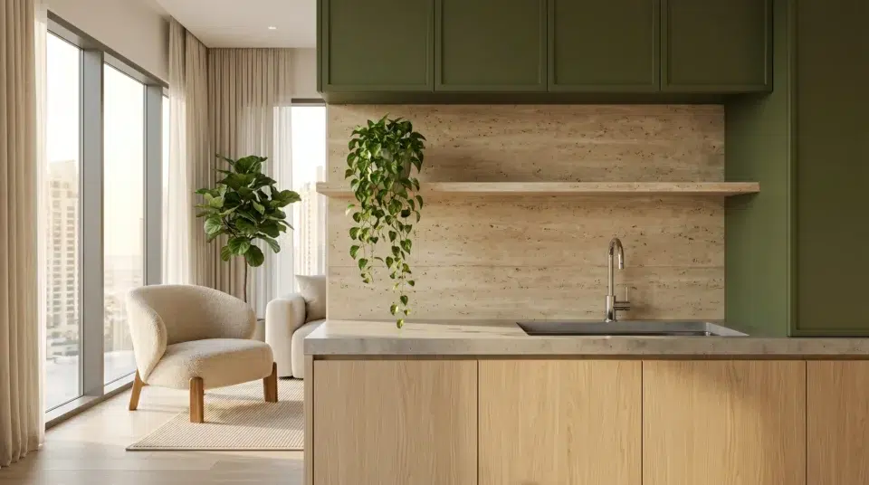 Renovation trends Dubai 2026, biophilic living room in a Business Bay apartment with japandi accent chair and natural stone wall by Karnak Home