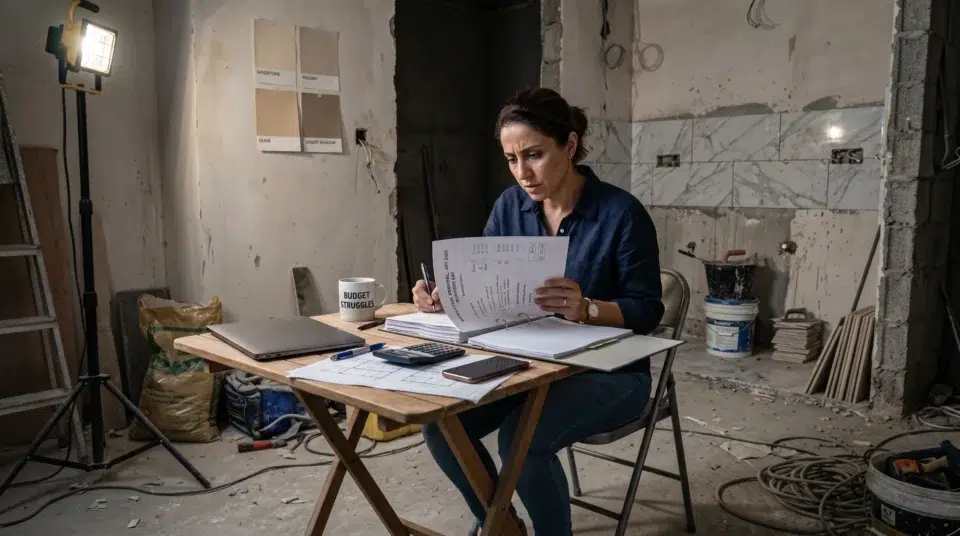 Renovation mistakes Dubai 2026, UAE homeowner reviewing renovation documents in a mid-renovation Business Bay apartment