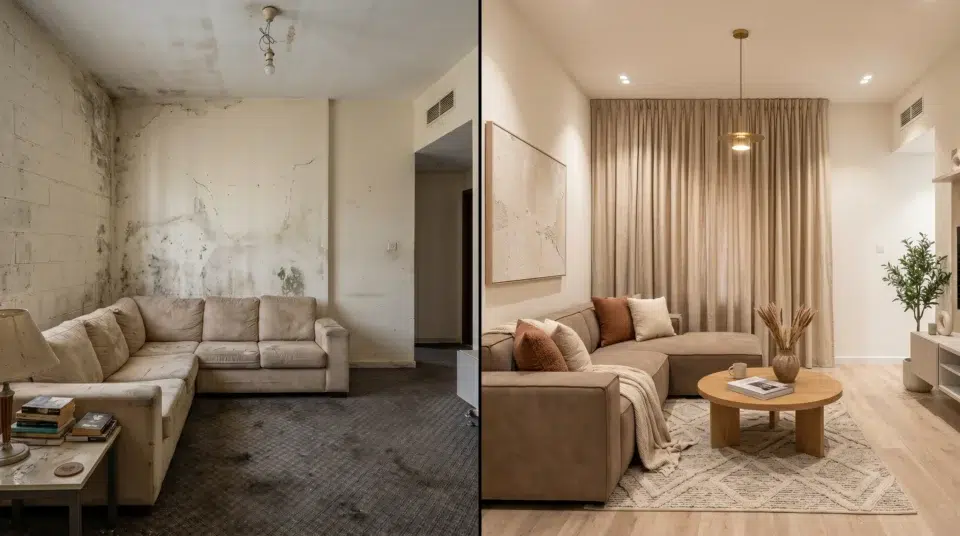 Home renovation vs refurnishing Dubai 2026, before and after apartment transformation with Karnak Home furniture and new flooring in JVC Dubai