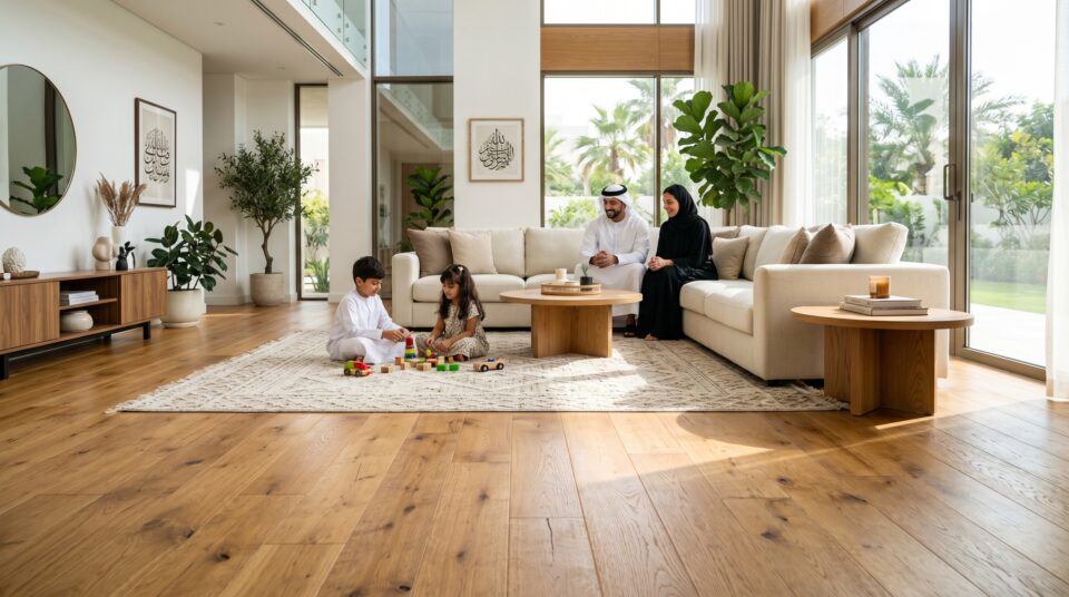 Flooring services Dubai — engineered parquet installed in Arabian Ranches villa living room by Karnak Home UAE
