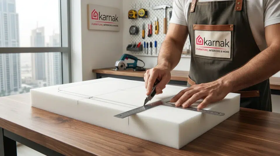Sofa foam replacement Dubai, Karnak Home craftsman cutting high-density cushion foam UAE