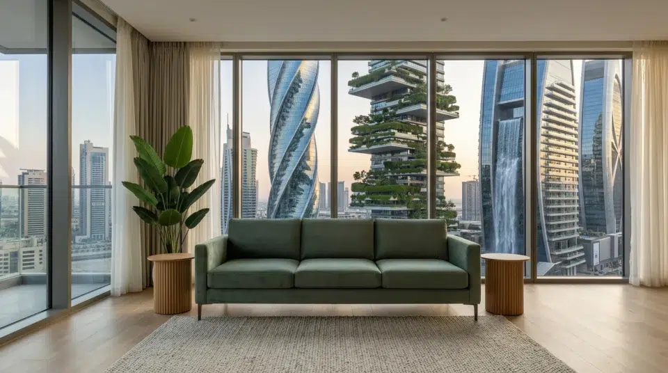 Sofa upholstery trends 2026 Dubai apartment sage green performance velvet, Karnak Home UAE