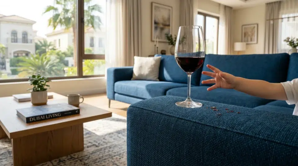 Performance fabric sofa with stain resistance demonstrated in a Jumeirah Dubai villa Karnak Home UAE 2026