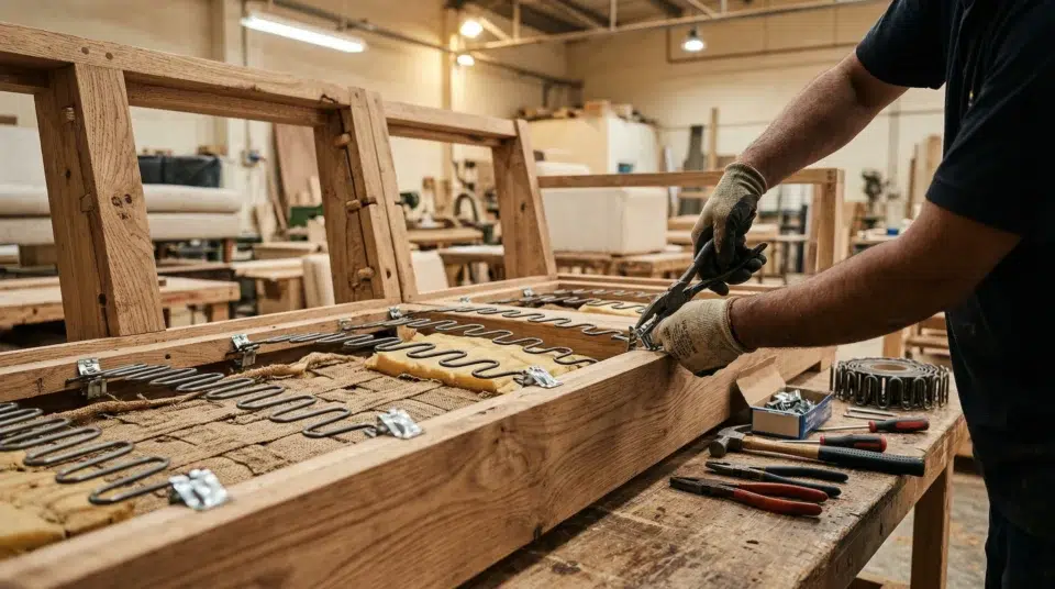 Professional sofa spring repair showing quality hardwood frame in a Dubai workshop — Karnak Home UAE 2026