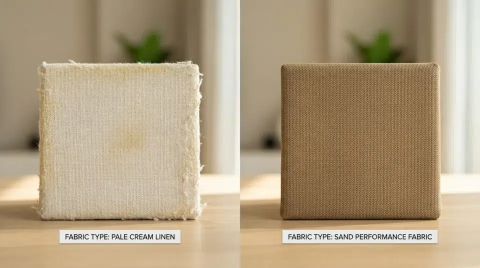 Comparison of linen sofa fabric showing UAE climate damage versus intact performance fabric swatch Karnak Home UAE 2026