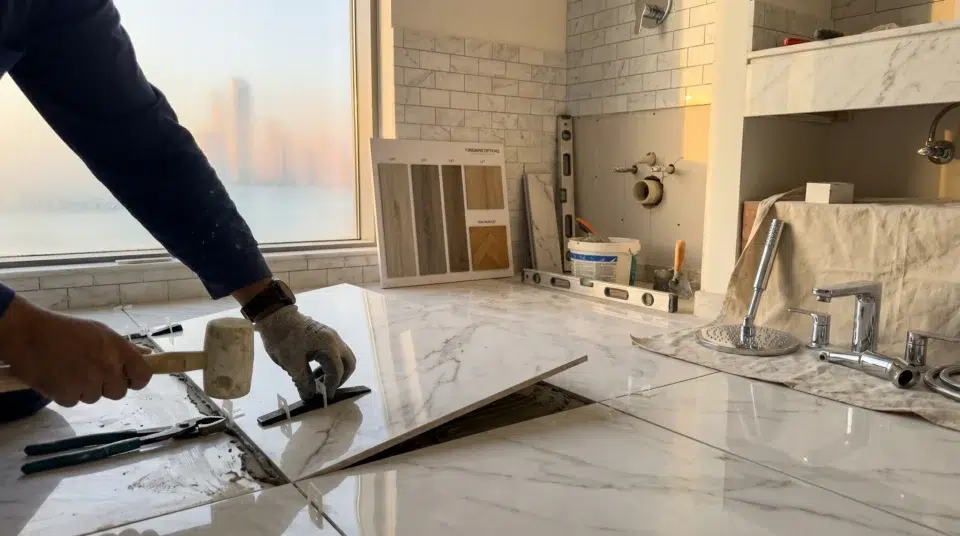 Renovation services Dubai 2026, contractor installing large-format porcelain tiles in a Dubai apartment bathroom with Karnak Home flooring samples visible
