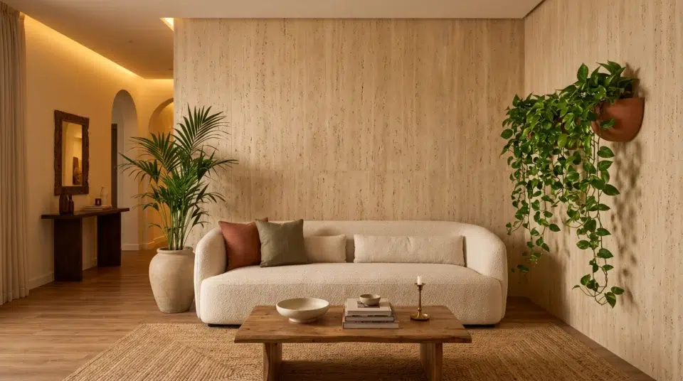 Biophilic renovation trend Dubai 2026, travertine feature wall with natural linen curtains and Karnak Home sofa in an Arabian Ranches villa