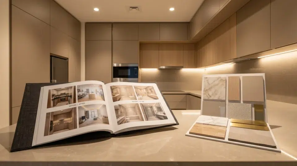 Choosing best renovation company Dubai 2026, Karnak Home consultant reviewing renovation portfolio with UAE family in Dubai Hills apartment