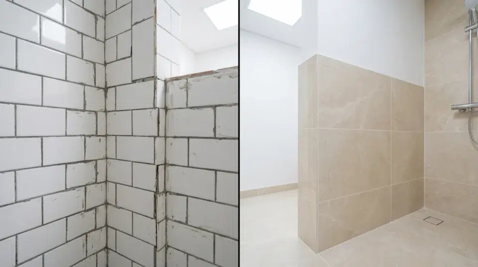 Renovation mistakes Dubai 2026, comparison of low-quality versus high-quality bathroom tile installation in a Dubai apartment