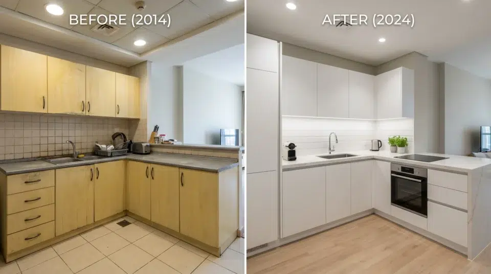 Home renovation vs refurnishing Dubai 2026, before and after kitchen renovation comparison in a Business Bay apartment