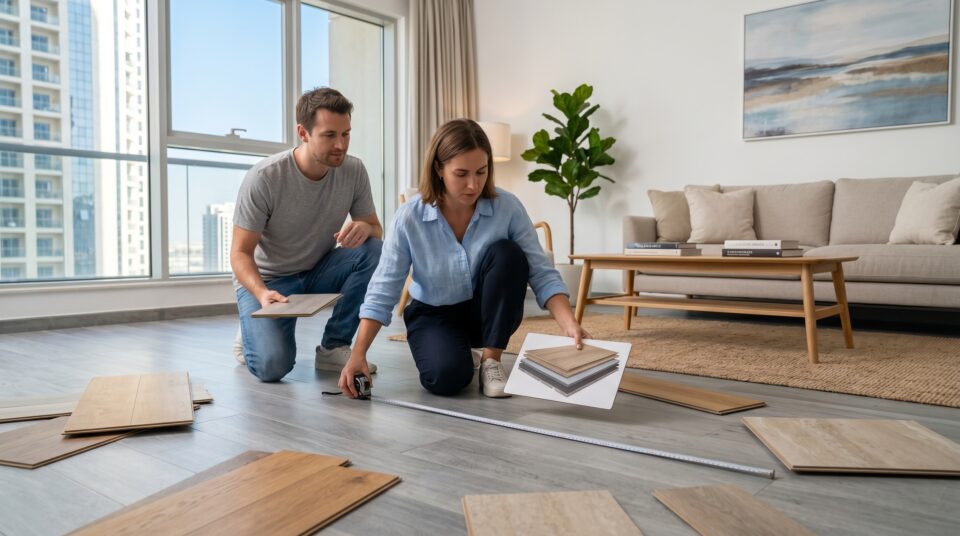 LVT flooring Dubai — SPC luxury vinyl tile samples being measured in JVC apartment, Karnak Home UAE