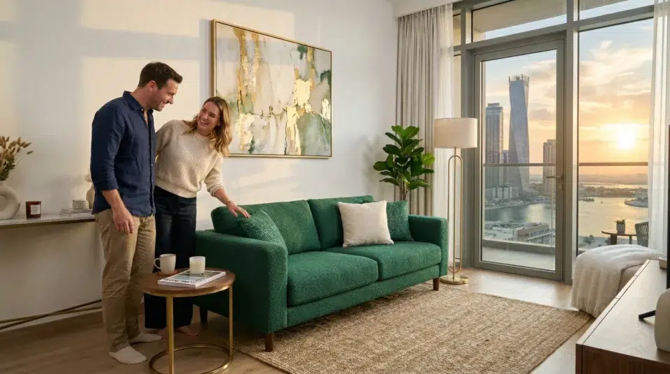 Sofa upholstery Dubai apartment re-upholstered in emerald boucle fabric, Karnak Home UAE 2026