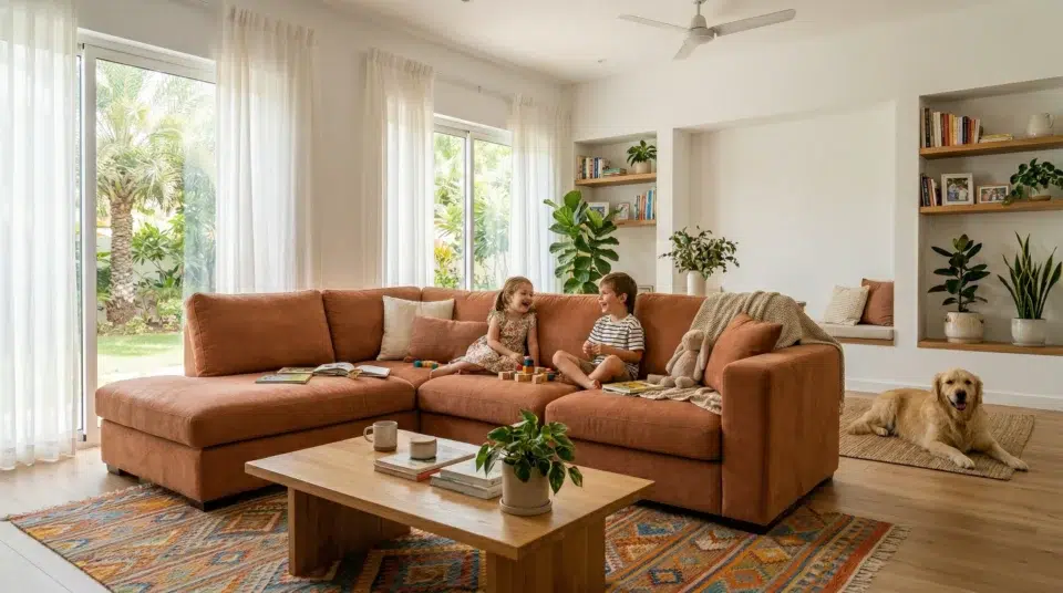 Performance fabric sofa UAE family villa Mirdif, children and pet-friendly terracotta, Karnak Home 2026
